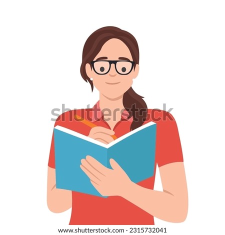 Education, copy space, writing concept. Young smiling woman sitting writing on blank notebook. Flat vector illustration isolated on white background