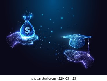 Education cost, college loan concept. Futuristic hands holding graduate cap and money bag on blue