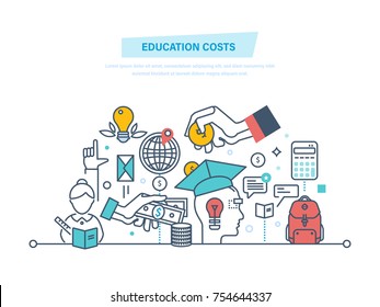 Education cost concept. Invest money in education, study cash, tuition fees, tax, pay, spending education money investment. Calculation, management. Illustration thin line design of vector doodles.
