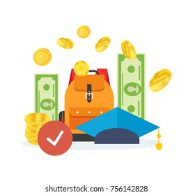 Education cost concept. Invest money in education, study cash, tuition fees, tax, pay, spending education money investment. Calculation, management. Vector illustration