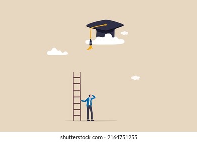 Education cost, expensive school or university cost, education gap or scholarship opportunity concept, poor man with too short ladder to climb to reach high graduated mortarboard on the cloud.