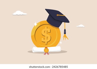 Education cost, tuition or scholarship, money for university or graduation, college diploma concept, dollar money coin with mortarboard graduation cap and certificate.