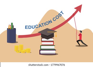 Concepto del vector de costo de la educación: hombre tirando abajo la flecha de los costos de educación roja