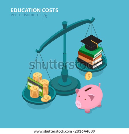 Education costs flat isometric concept. College education pricing and cost analyzing.
