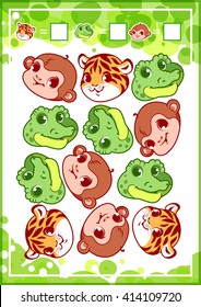 Education counting game for preschool kids with funny animals. How many tigers, monkeys, and alligators do you see? Cartoon vector illustration.