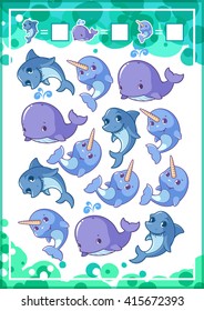 Education counting game for preschool kids with funny animals. How many sharks, whales, and narwhals do you see? Cartoon vector illustration.