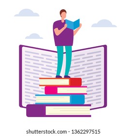Education courses flat vector concept. Search for answers to questions in books. Self education vector concept. Education through books and self-study. Help and support in education