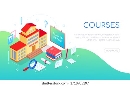 Education courses - modern colorful isometric web banner with copy space for text. An illustration with a school building, books, board, notes, tests, exclamation and question marks. Learning idea