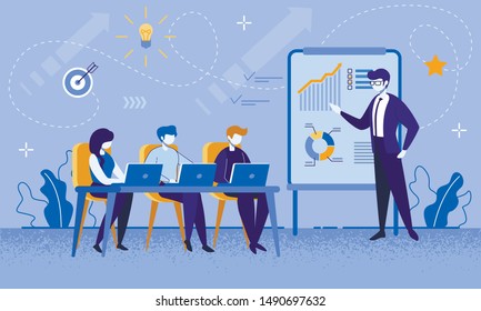 Education Courses For Office Workers And Businesspeople. Cartoon Female And Male People Group At Business Meeting With Professional Coach. Boosting Financial Literacy. Vector Flat Illustration