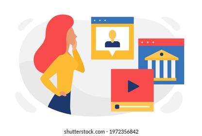 Education courses online vector illustration. Cartoon woman student character with webinar chat window, video player and educational tutorial for studying, e-learning web concept isolated on white