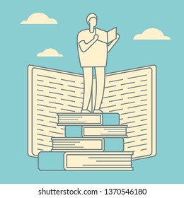 Education courses outline vector concept. Search for answers to questions in books. Self education retro linear vector concept. Education through books and self-study. Help and support in education