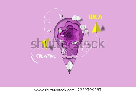 Education and creative idea concept for kids. Background with light bulb, paper airplane, cloud, addition, subtraction, division, multiplication, hot air balloon, birds, pencil. 3D paper illustration