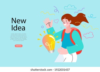 Education and creative thinking concept. Beautiful woman with idea lamp bulb isolated on green background. Vector illustration in flat style for poster.