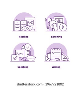 Education creative UI concept icon set. Reading and listening abstract illustration. Online education. Learning. Isolated vector conceptual art for UX. Color graphic design element pack