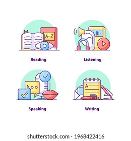 Education Creative UI Concept Icon Set. Reading And Listening Abstract Illustration. Online Education. Learning. Isolated Vector Conceptual Art For UX. Color Graphic Design Element Pack