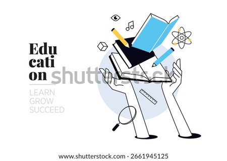 Education. Creative vector illustration for web banner, social media, business presentation, marketing material. Back to school. Distance education, online learning.