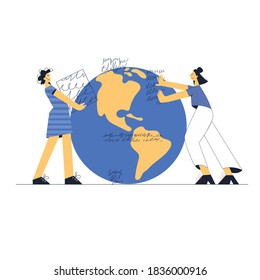 Education, creative writing, content management, news concept. Group of people making research text for publication. Modern flat vector illustration isolated on white background for web page, banner