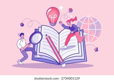 Conceito de educação e criatividade com estudantes e livro gigante. Pessoas explorando o conhecimento com lupa, lápis e lâmpada para aprendizado global e inspiração acadêmica.