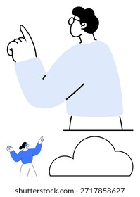 Educación, creatividad, orientación, establecimiento de objetivos, innovación, computación en nube. Un diseño abstracto minimalista de una persona que apunta hacia arriba con figuras adicionales y Elementos en la nube. Orientación y creatividad