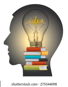 Education and creativity head silhouette.
Human Head silhouette with lightbulb and books symbolizing education and creativity. Vector illustration.

