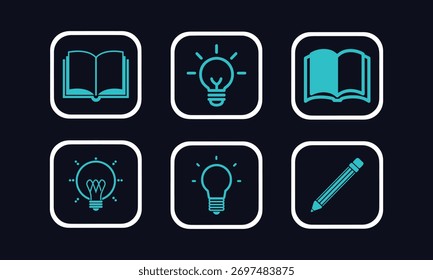 Conjunto de iconos de Educación y creatividad: símbolos de libro, bombilla de ideas y lápiz para el aprendizaje, el conocimiento y el diseño de innovación