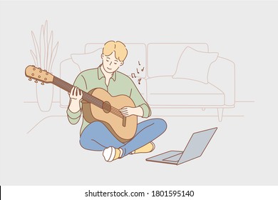 Education, creativity, learning, training, play, music concept. Young man guy cartoon character sitting home with laptop watching video lesson and playing guitar. Creative hobby and leisure activity.