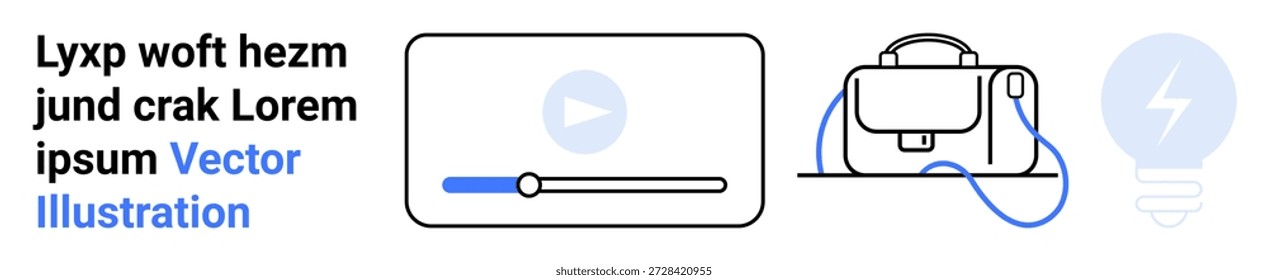 Bildung, Kreativität, Online-Lernen, Innovation, E-Learning, Design-Ressourcen. Video-Play-Taste, Rucksack und Leuchtmittel-Symbole mit blauen und schwarzen Umrissfarben. Bildungs- und Kreativitätskonzept