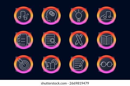 Icono de conjunto de Educación y creatividad. Muestra notas musicales, cabeza con engranajes, bombilla, lista de verificación, libro, lupa, lápiz, objetivo, almohadilla de escritura, gafas y herramientas enfocadas en la lectura.