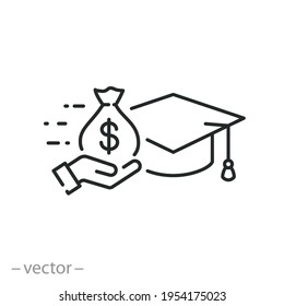education credit or scholarship, icon, college fee, tuition expenses, money loan and academy hat, thin line symbol on white background - editable stroke vector eps10