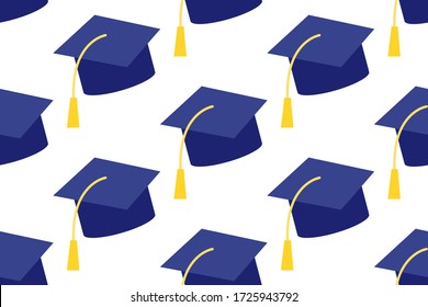 Education Cup. Student Graduation Hat. Seamless vector pattern in flat design isolated on white background.