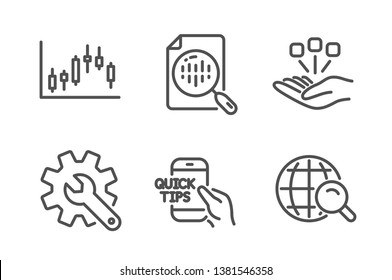 Education, Customisation and Analytics chart icons simple set. Candlestick graph, Consolidation and Internet search signs. Quick tips, Settings. Science set. Line education icon. Editable stroke