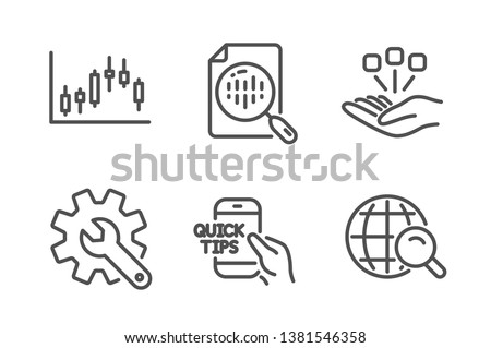 Education, Customisation and Analytics chart icons simple set. Candlestick graph, Consolidation and Internet search signs. Quick tips, Settings. Science set. Line education icon. Editable stroke Foto d'archivio © 