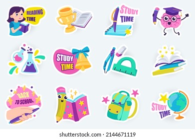 Education cute stickers set in flat cartoon design. Bundle of pupil with book, winning cup, study time, chemistry, stationery, backpack and other. Vector illustration for planner or organizer template