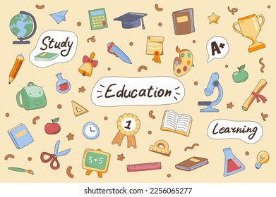 Education cute stickers set in flat cartoon design. Collection of globe, calculator, graduation hat, book, golden cup, microscope and other. Vector illustration for planner or organizer template