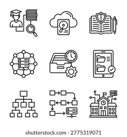 Education and data management icons: cloud security organization with hard drive, magnifying glass