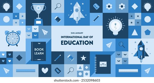 Design de fundo Dia da Educação com lâmpadas, livros, estrelas, foguetes e muito mais. Ilustração vetorial.