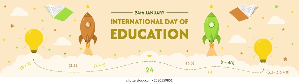 Education Day banner design with lightbulb, stars, books, and rockets. Vector illustration.