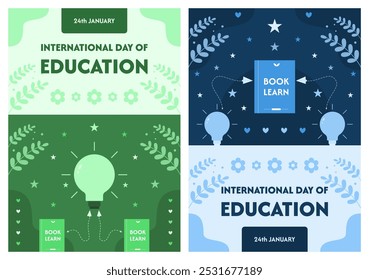 Education Day poster design with light bulbs, books, stars, leaves, and more. Vector illustration.