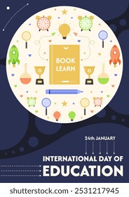 Education Day poster design with lightbulb, book, stars, rockets, and more. Vector illustration.
