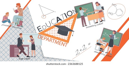 Education department composition with collage of flat icons copybook math and chemistry with doodle human characters vector illustration