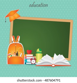 Education design background with school bag, open book, back to school creative conceptual, Modern template Design Vector illustration.