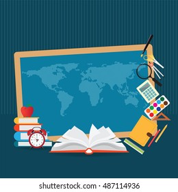 Education design background with world map, open book , back to school creative conceptual, Modern template Design Vector illustration.