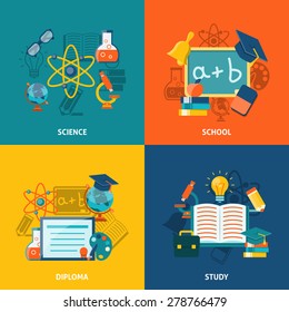 Education design concept set with science school diploma study flat icons isolated vector illustration