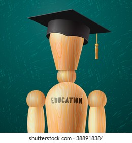 Education design, graduation concept, wooden dummy in the mortarboard, vector illustration.