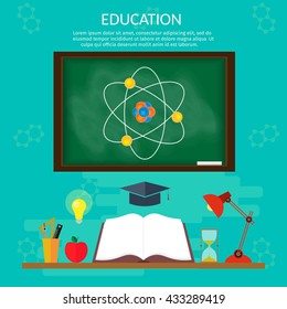 Education design Open book school symbols vector illustration infographics of knowledge background