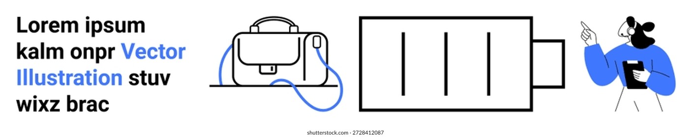 Educação, ferramentas de design, aparelhos, conectividade, aprendizagem remota, criatividade. Saco preto-e-branco com cabo, carregando pessoa símbolo apontando para uma tela. Conceito de conectividade e educação