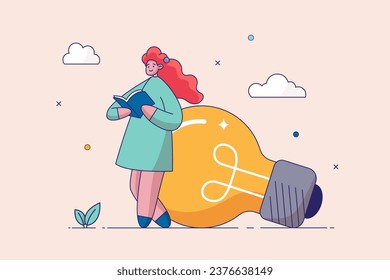 Education to develop new skills concept. Learn or study more knowledge to grow and success, growth mindset or lifelong learning. girl reads a book next to a light bulb of ideas. Isolated vector.