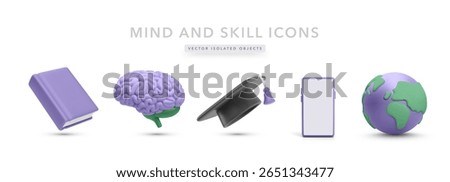 Education and Digital Learning Icons Featuring Book, Brain, Graduation Cap, Smartphone, and Globe in Bright 3D Style. Perfect for eLearning, Global Skills, and Knowledge Apps. Vector Illustration.