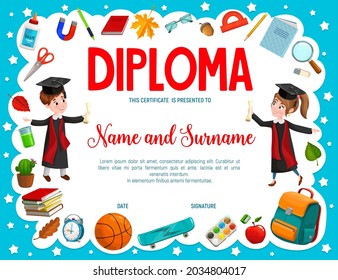 Education diploma with cartoon boy and girl pupils or students, school and sport items. Vector certificate with kids wear alumnus gown and caps holding scrolls. Graduation or award frame template