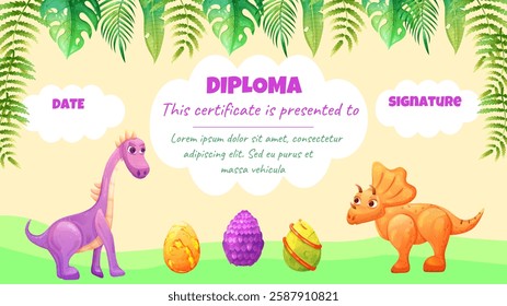 Education diploma or certificate for children with funny dinosaurs and magic eggs